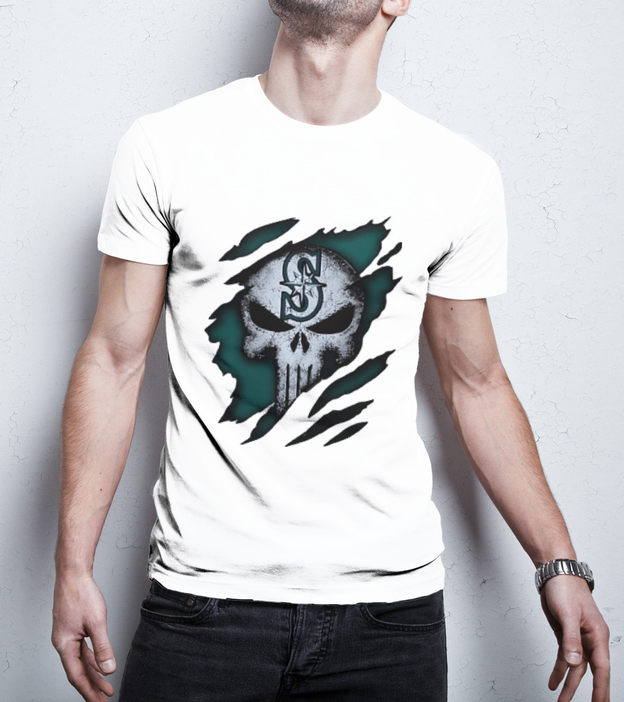 Seattle Mariners Punisher Skull Grunge Tear Effect T-Shirt