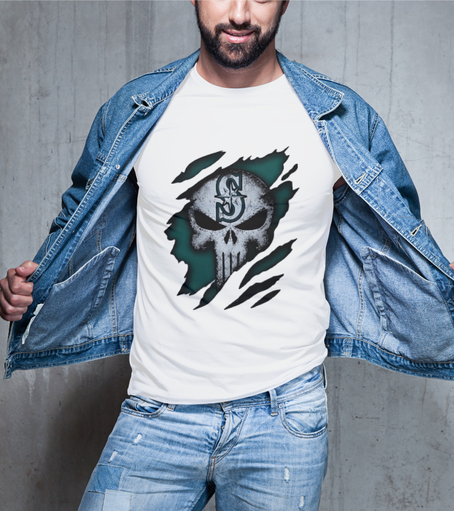 Seattle Mariners Punisher Skull Grunge Tear Effect T-Shirt
