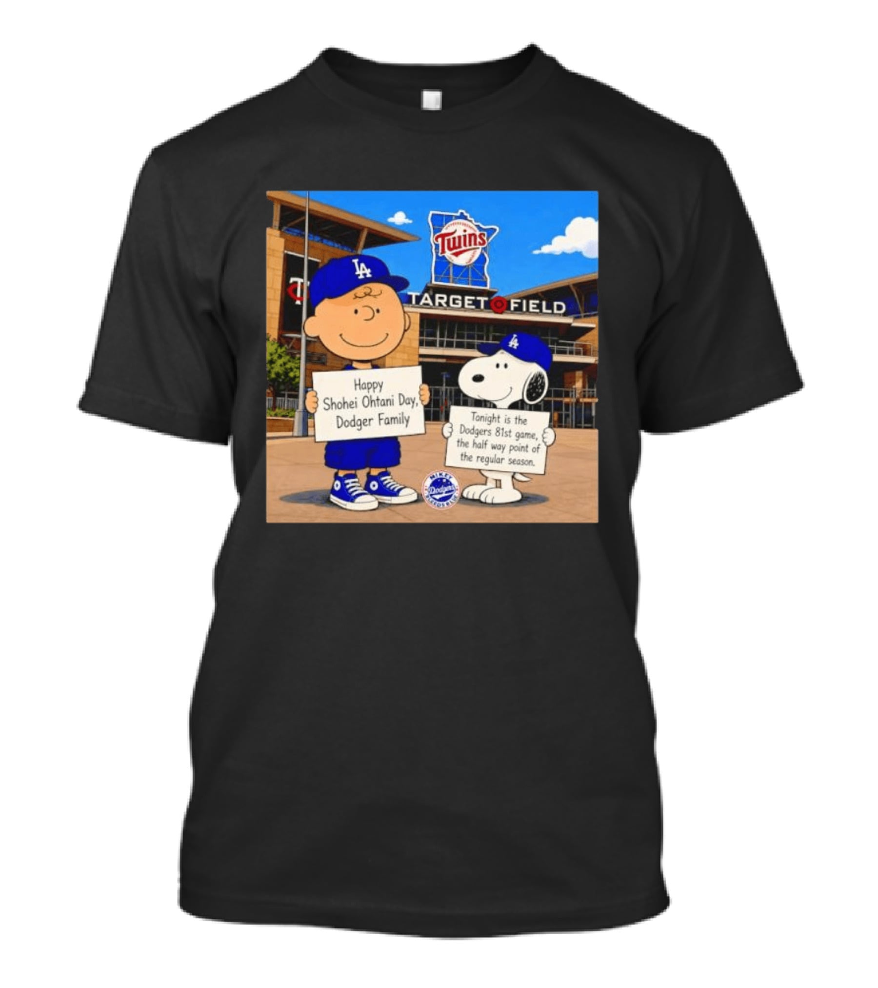 Snoopy And Charlie Brown Happy Shohei Ohtani Day Dodgers Twins Target Field T-Shirt