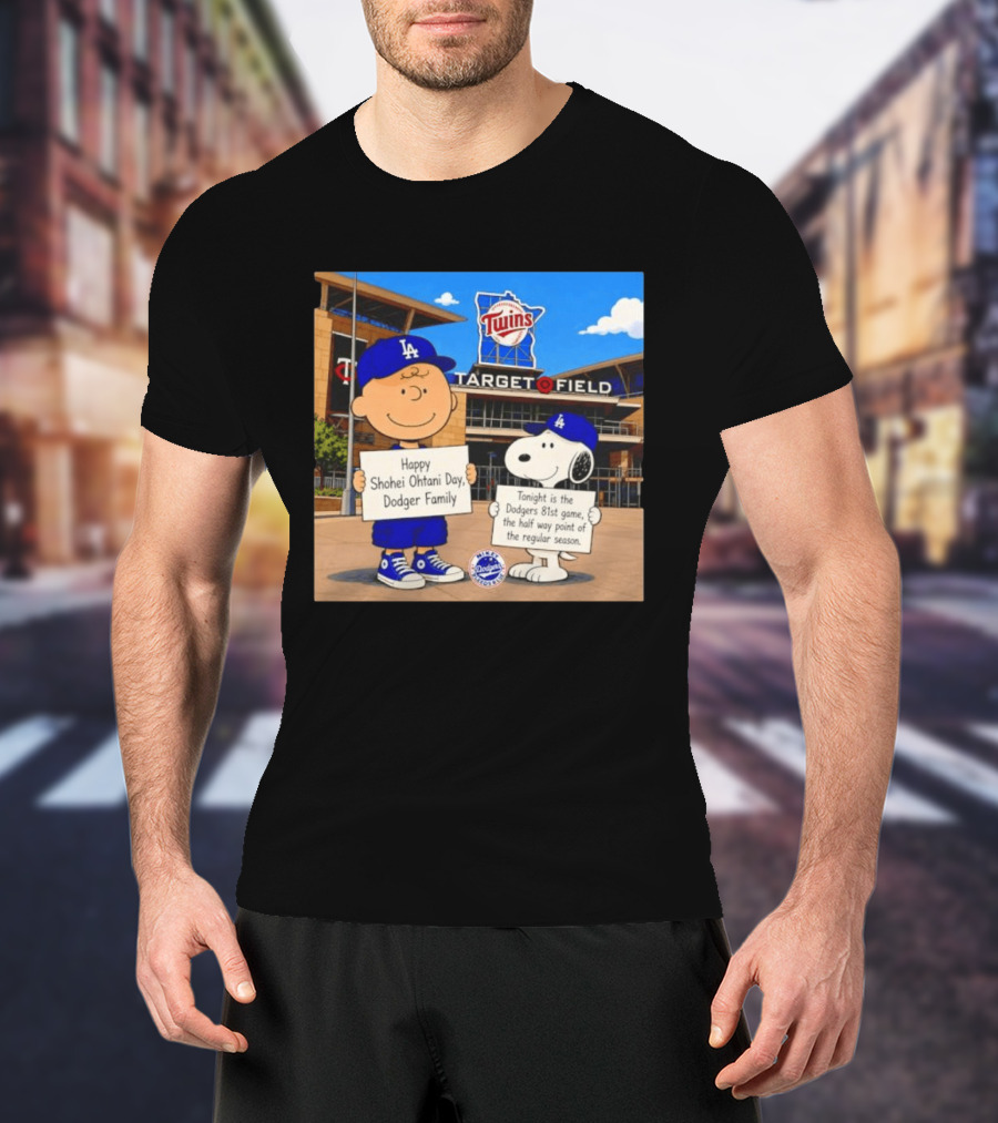 Snoopy And Charlie Brown Happy Shohei Ohtani Day Dodgers Twins Target Field T-Shirt