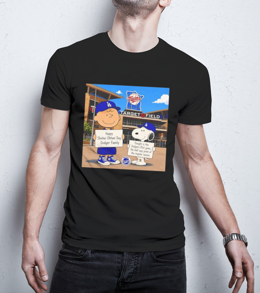 Snoopy And Charlie Brown Happy Shohei Ohtani Day Dodgers Twins Target Field T-Shirt