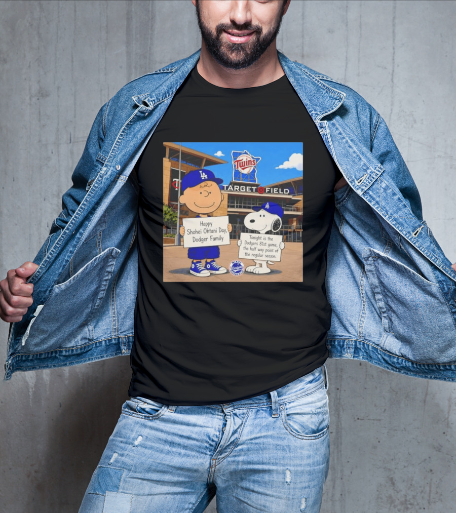 Snoopy And Charlie Brown Happy Shohei Ohtani Day Dodgers Twins Target Field T-Shirt