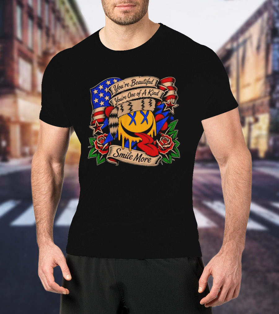 Smile More You're Beautiful You're One Of A Kind American Flag Roses Smiley Face T-Shirt