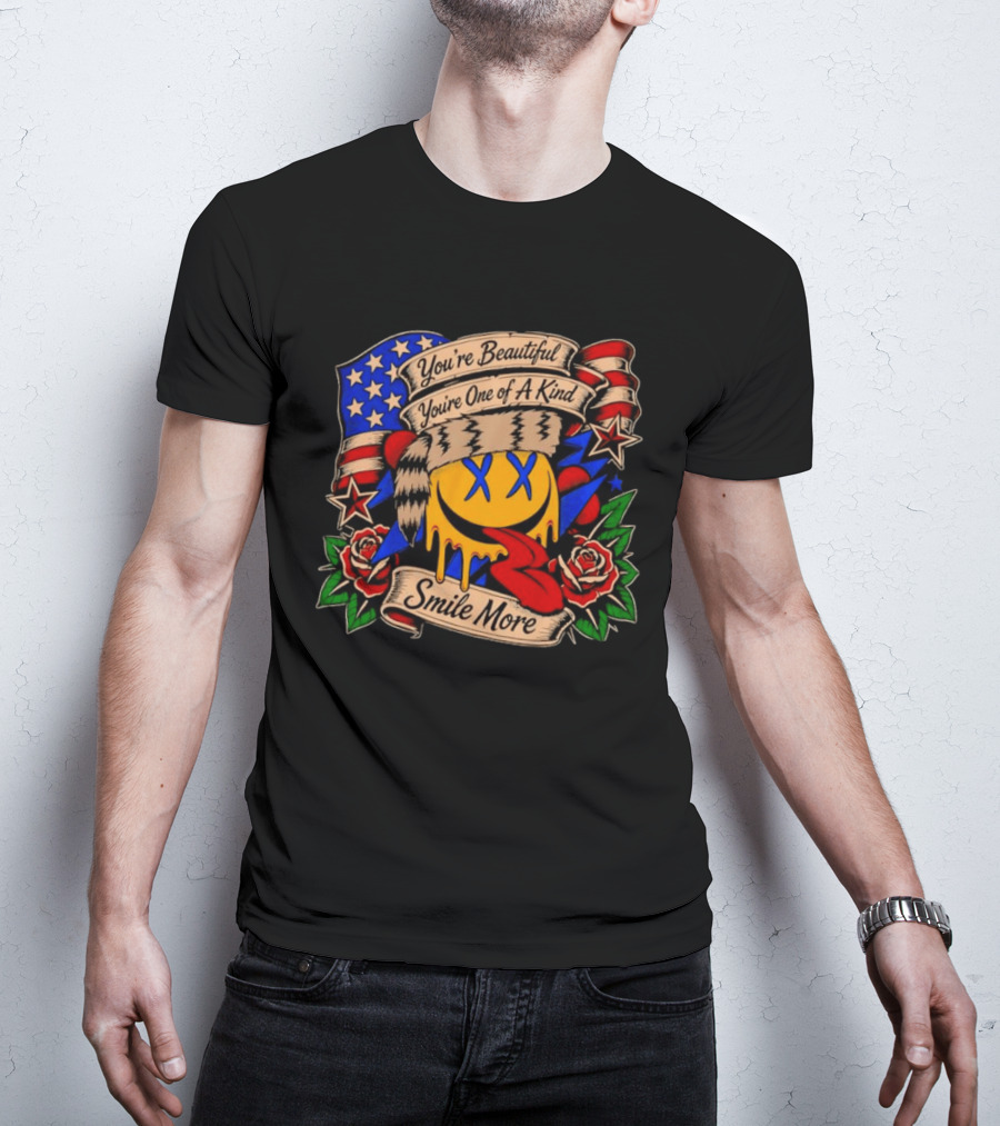 Smile More You're Beautiful You're One Of A Kind American Flag Roses Smiley Face T-Shirt