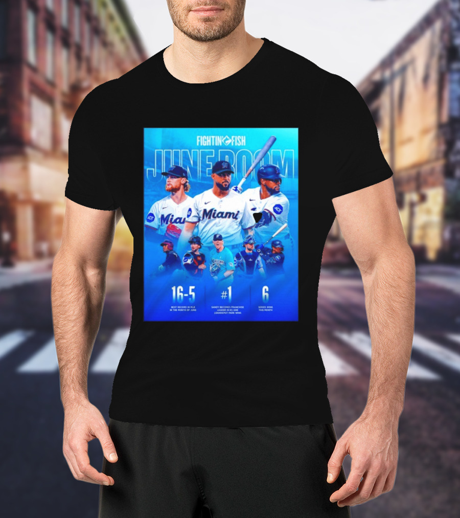 Fighting Fish Miami June Boom Sandy Alcantara Franchise Record T-Shirt