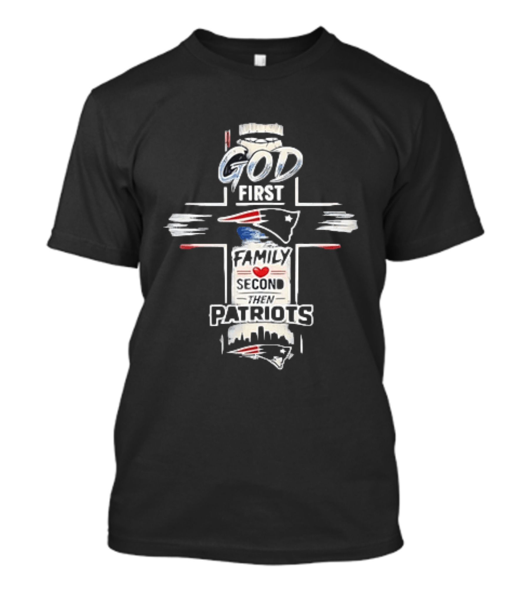 Patriots God First Family Second Then Patriots Cross Football Fan T-Shirt