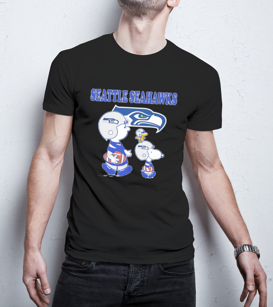 Peanuts Charlie Brown Snoopy Woodstock Playing Football Seattle Seahawks T-Shirt