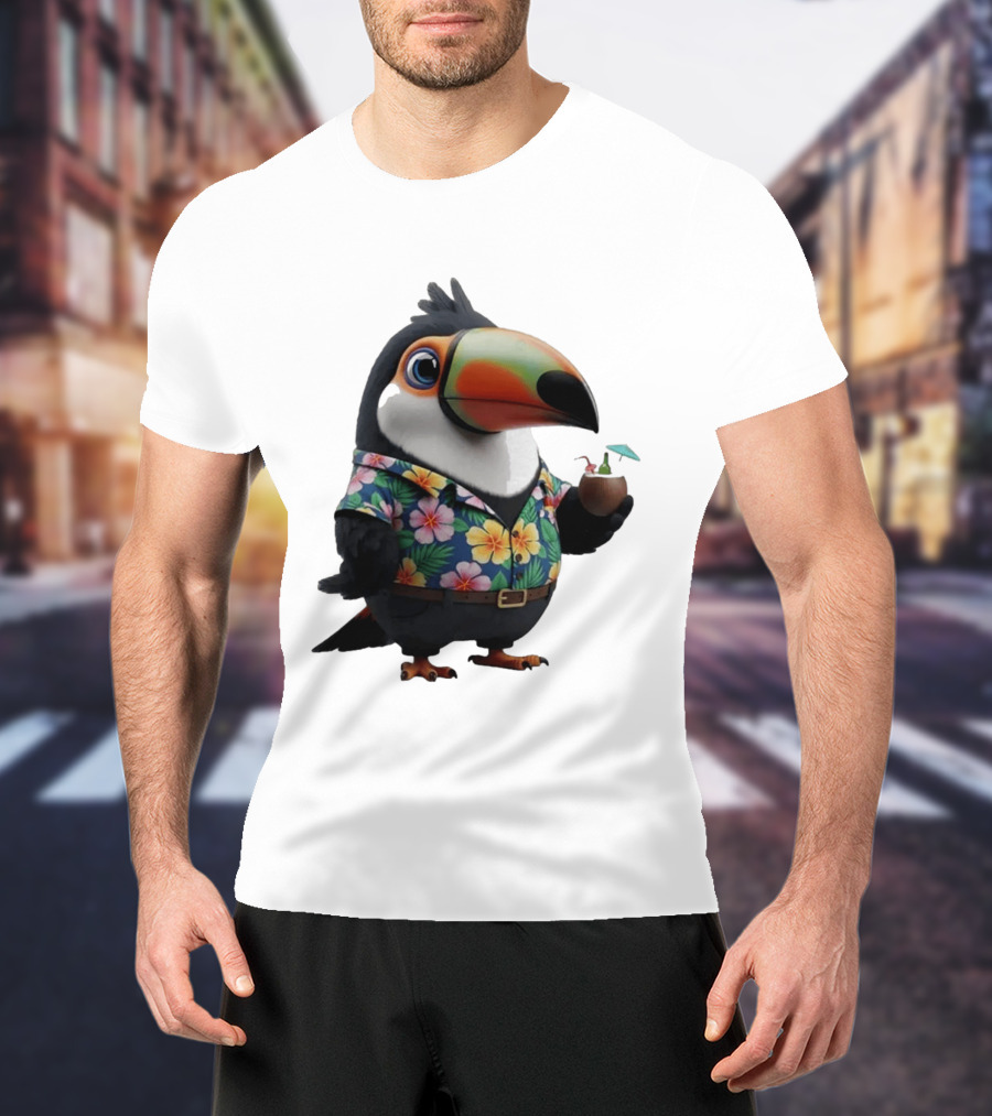 Cartoon Toucan In Hawaiian With Tropical Coconut Drink T-Shirt