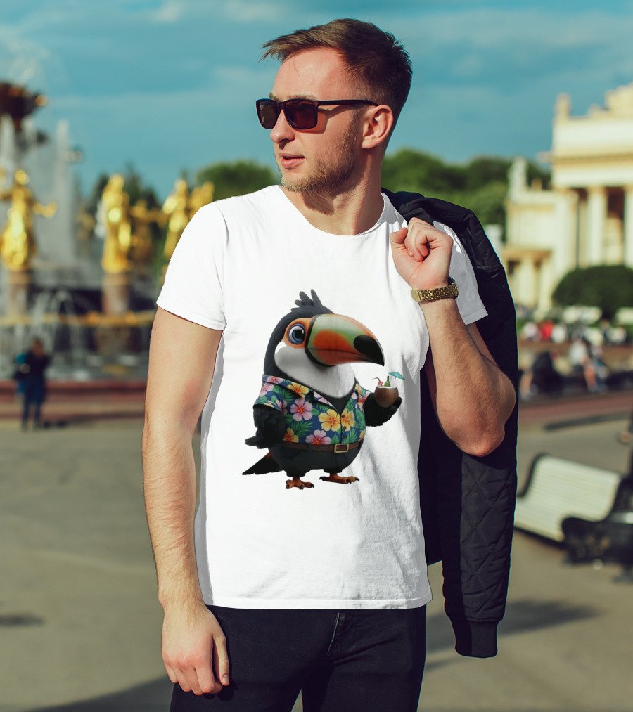 Cartoon Toucan In Hawaiian With Tropical Coconut Drink T-Shirt