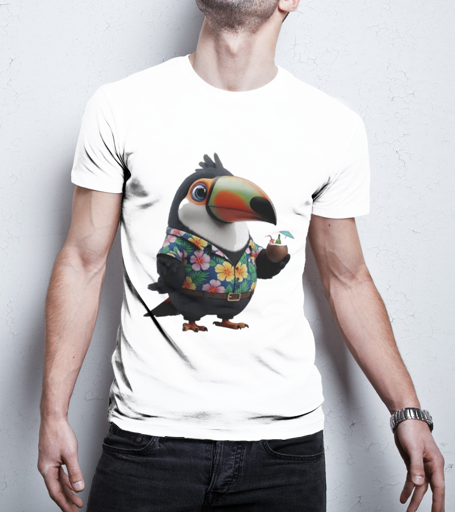 Cartoon Toucan In Hawaiian With Tropical Coconut Drink T-Shirt