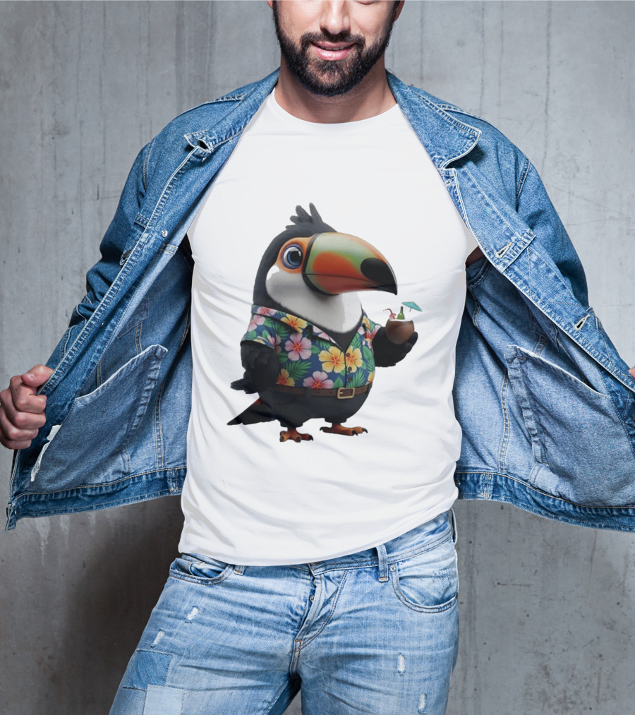Cartoon Toucan In Hawaiian With Tropical Coconut Drink T-Shirt