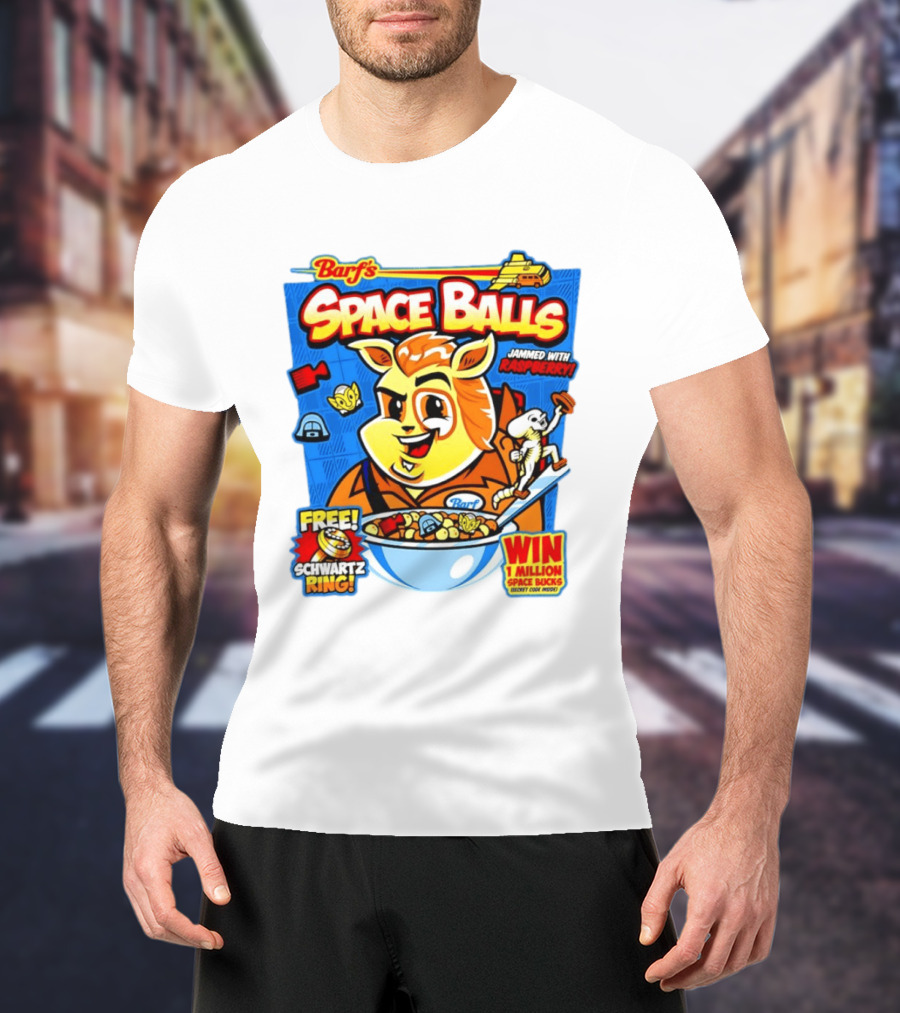 Barf Space Balls Cereal Box Jammed With Raspberry Free Schwartz Ring Win 1 Million Space Bucks T-Shirt