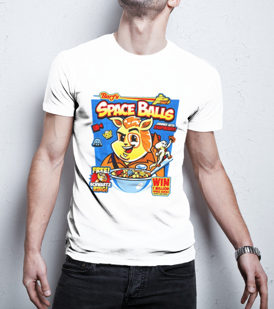 Barf Space Balls Cereal Box Jammed With Raspberry Free Schwartz Ring Win 1 Million Space Bucks T-Shirt