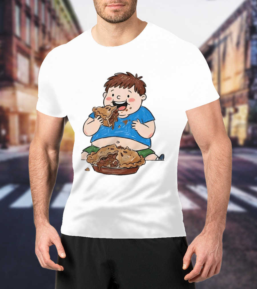Funny Eating Pies Cartoon Boy Indulging In Delicious Pastry T-Shirt