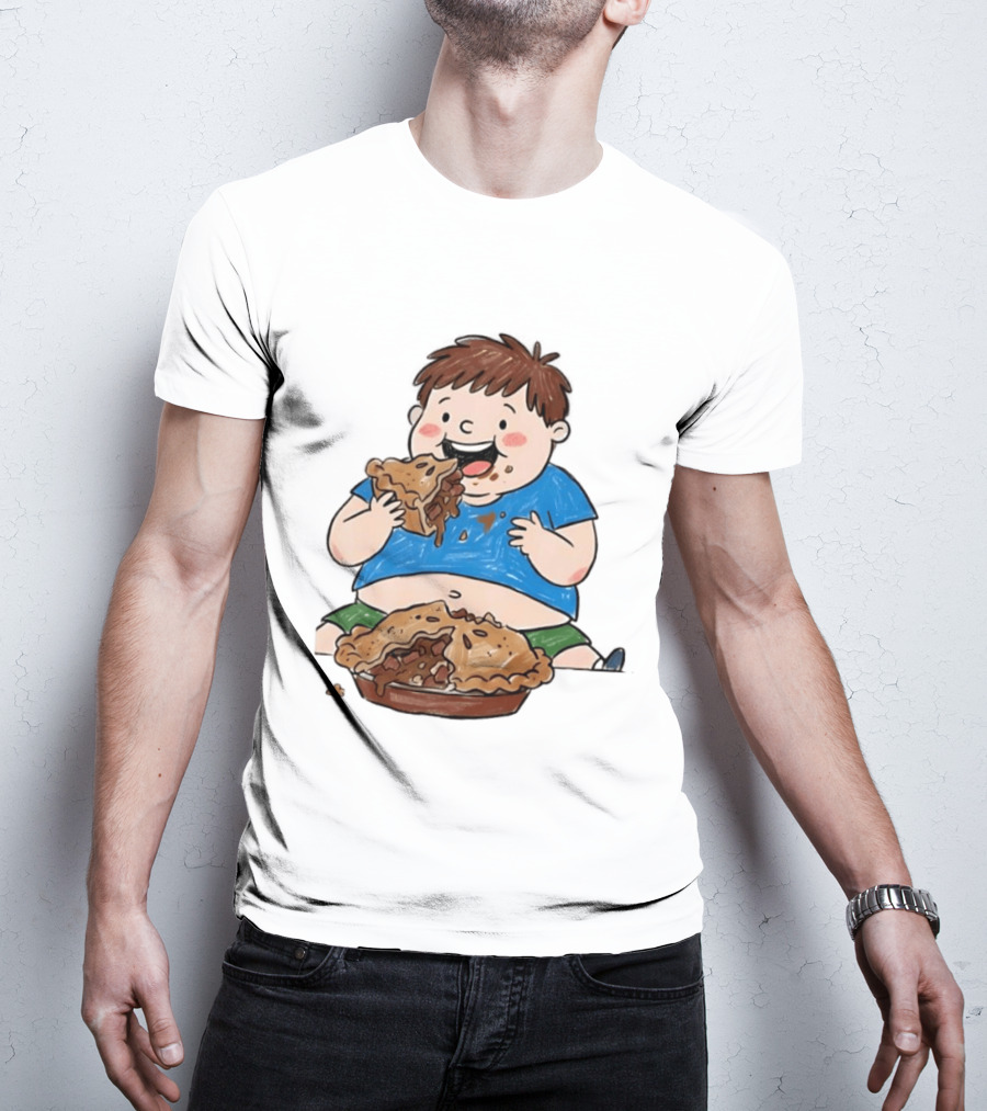 Funny Eating Pies Cartoon Boy Indulging In Delicious Pastry T-Shirt