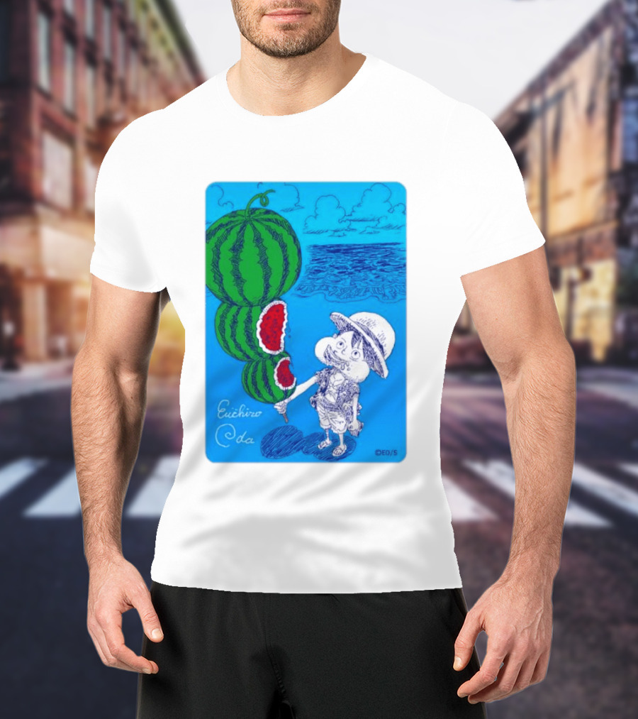 Monkey D Luffy Watermelon Eating Art By Eiichiro Oda One Piece Ocean Scene T-Shirt