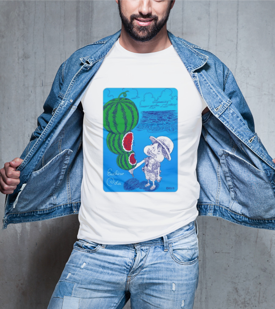 Monkey D Luffy Watermelon Eating Art By Eiichiro Oda One Piece Ocean Scene T-Shirt