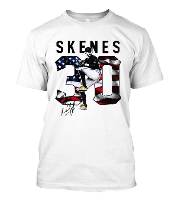 Skenes 30 Pitching Pose Pittsburgh Pirates American Flag Baseball T-Shirt