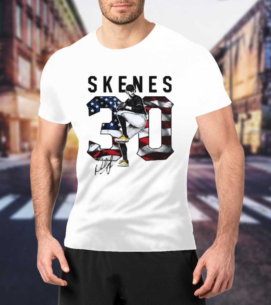 Skenes 30 Pitching Pose Pittsburgh Pirates American Flag Baseball T-Shirt