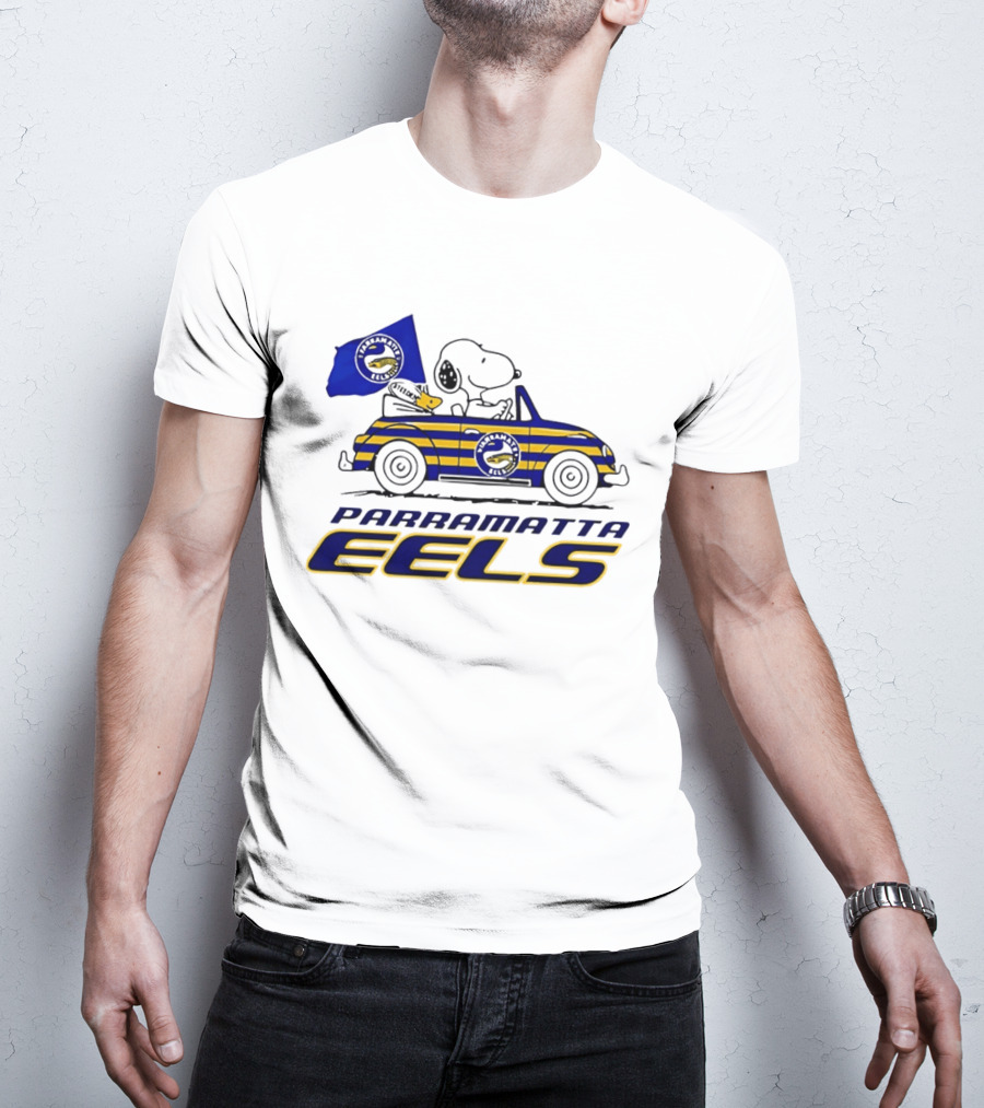 Snoopy Driving Car With Parramatta Eels Flag National Rugby League T-Shirt