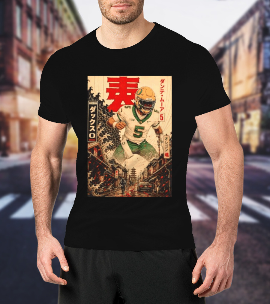 Dante Moore Number 5 Oregon Ducks Football Japanese Art Style Rugged City Scene T-Shirt