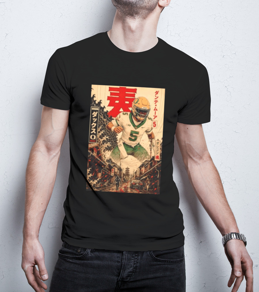 Dante Moore Number 5 Oregon Ducks Football Japanese Art Style Rugged City Scene T-Shirt