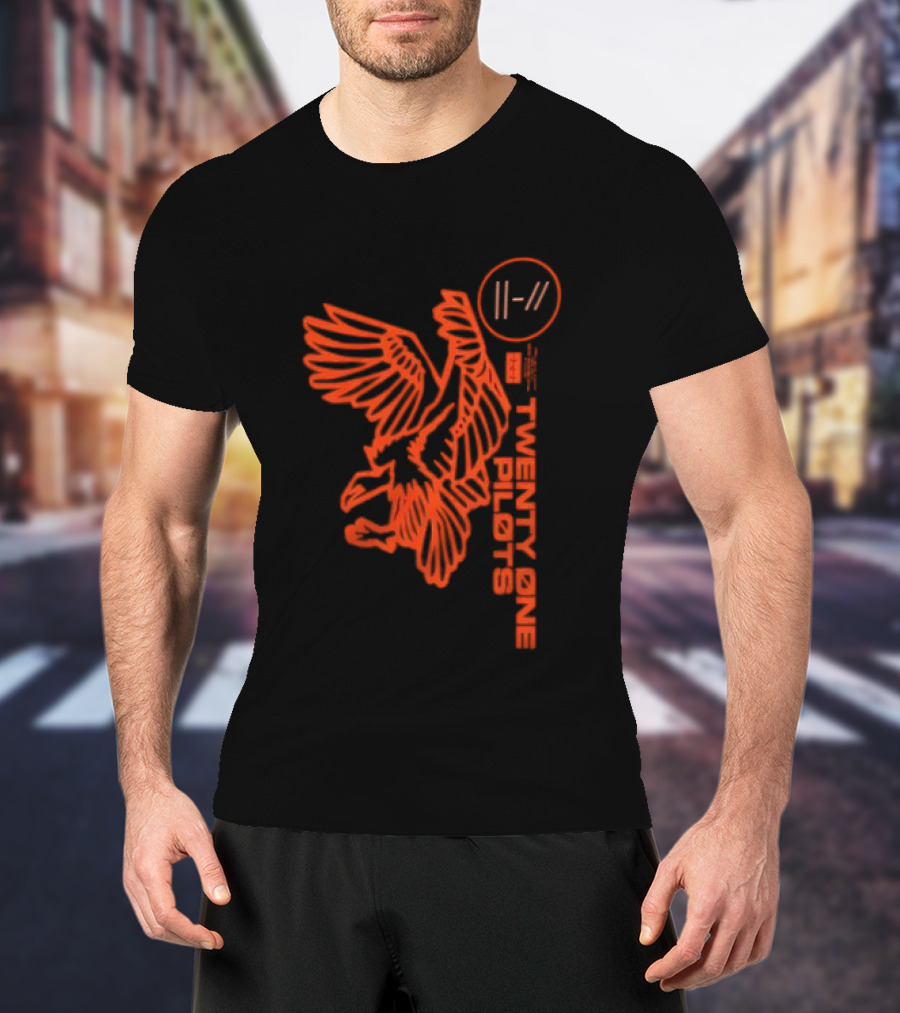 Twenty One Pilots Logo With Red Hawk Symbol And Band Name T-Shirt