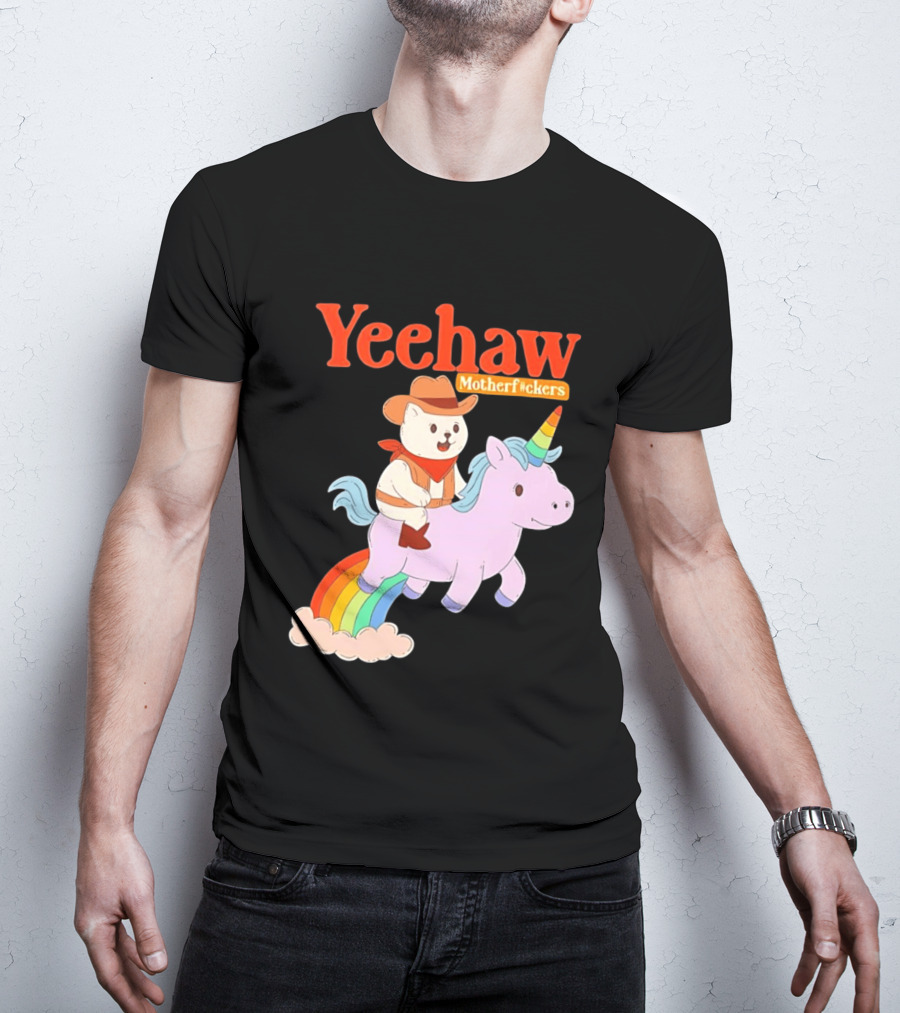 Yeehaw Motherfuckers Cat Cowboy On Rainbow Unicorn T-Shirt