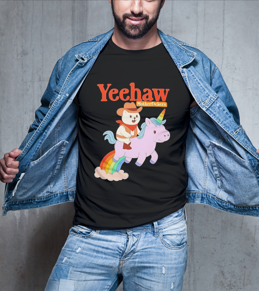 Yeehaw Motherfuckers Cat Cowboy On Rainbow Unicorn T-Shirt