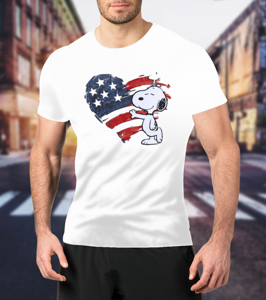 Snoopy Woodstock American Flag Heart Hug T-Shirt