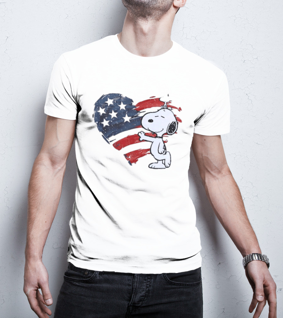 Snoopy Woodstock American Flag Heart Hug T-Shirt