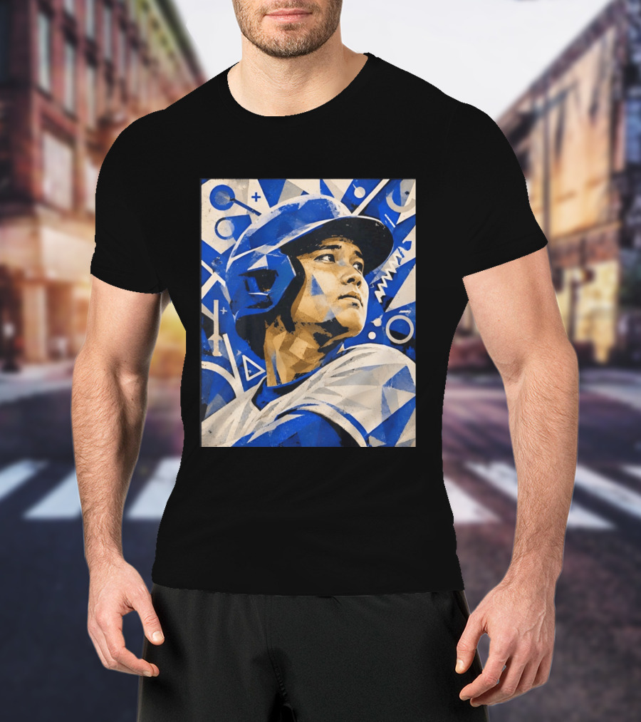 Baseball Player In Geometric Blue Abstract T-Shirt