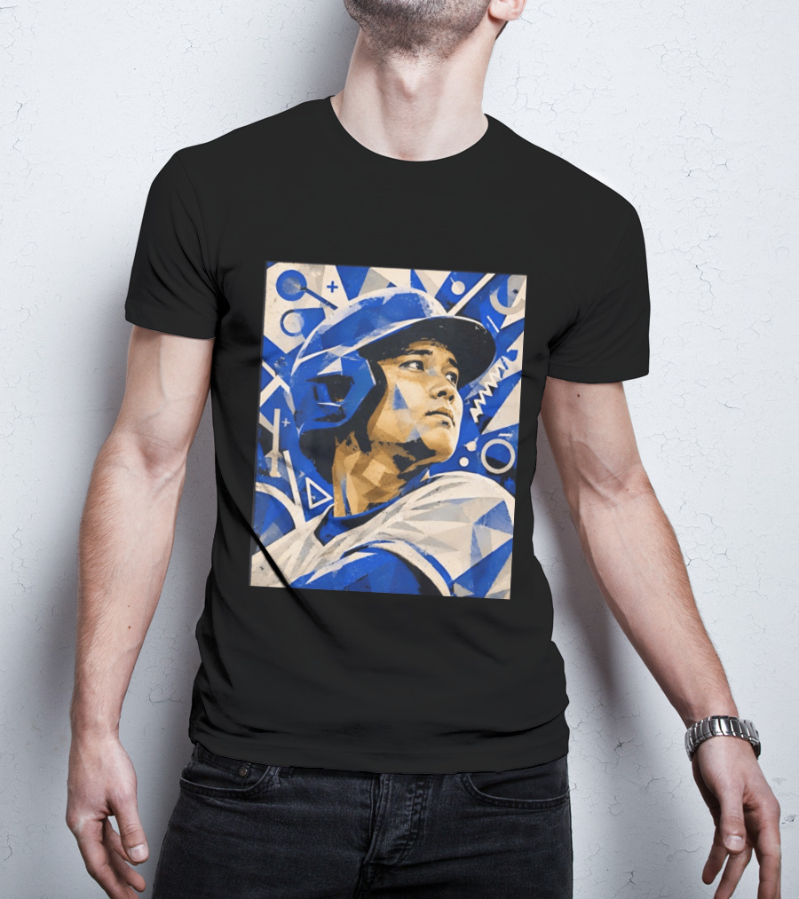 Baseball Player In Geometric Blue Abstract T-Shirt