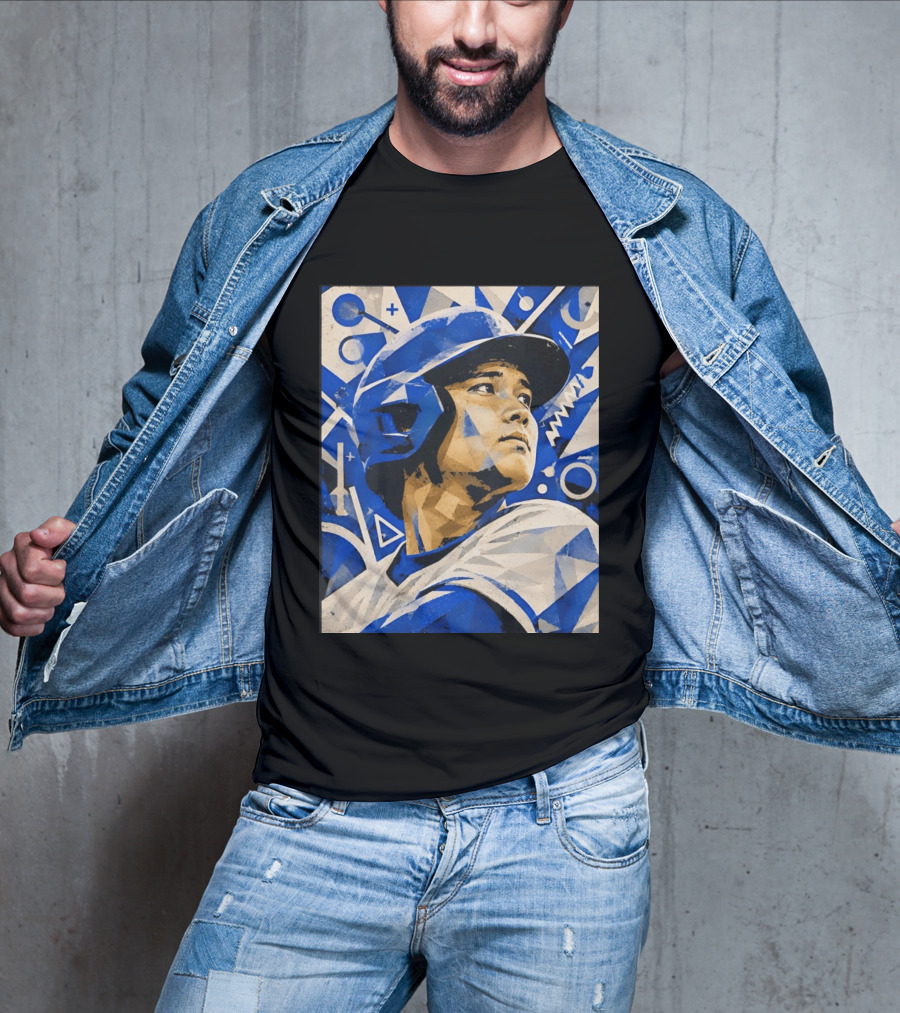 Baseball Player In Geometric Blue Abstract T-Shirt