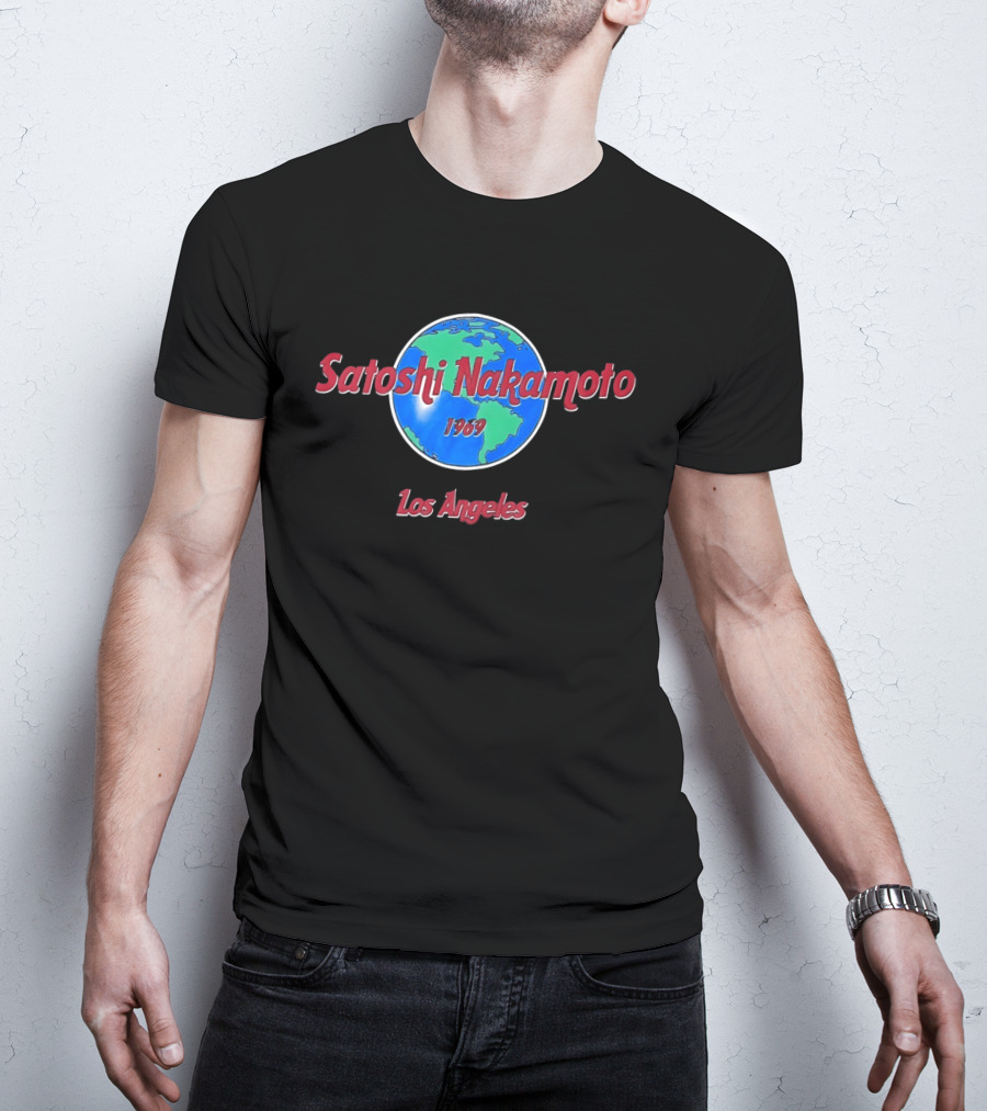 Satoshi Nakamoto 1969 Los Angeles World Map T-Shirt
