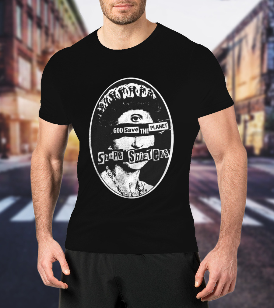 God Save The Planet Shape Shifters Queen Elizabeth Iconic Collage T-Shirt