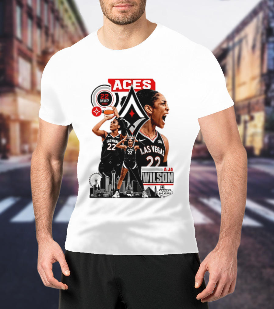 Las Vegas Aces A'ja Wilson 22 MVP Skyline Basketball T-Shirt