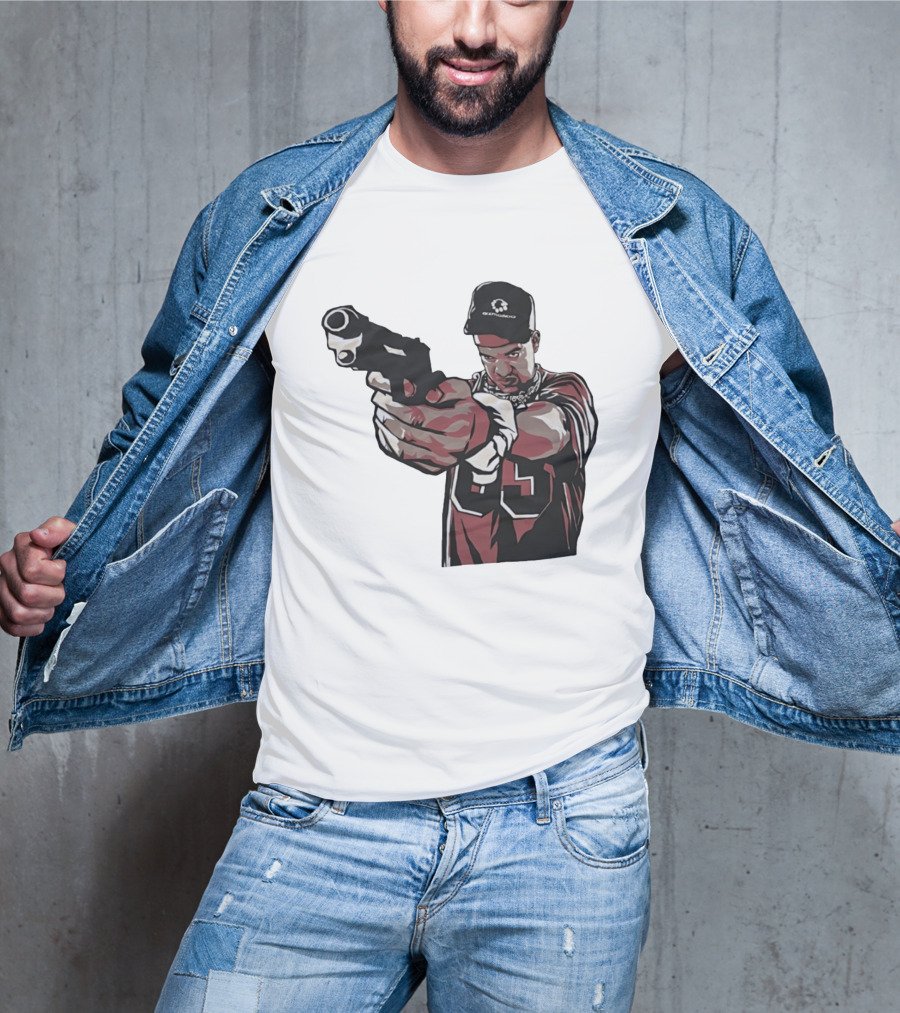 Man Pointing Gun Graphic With Number 89 And Hat Logo Codestructor T-Shirt