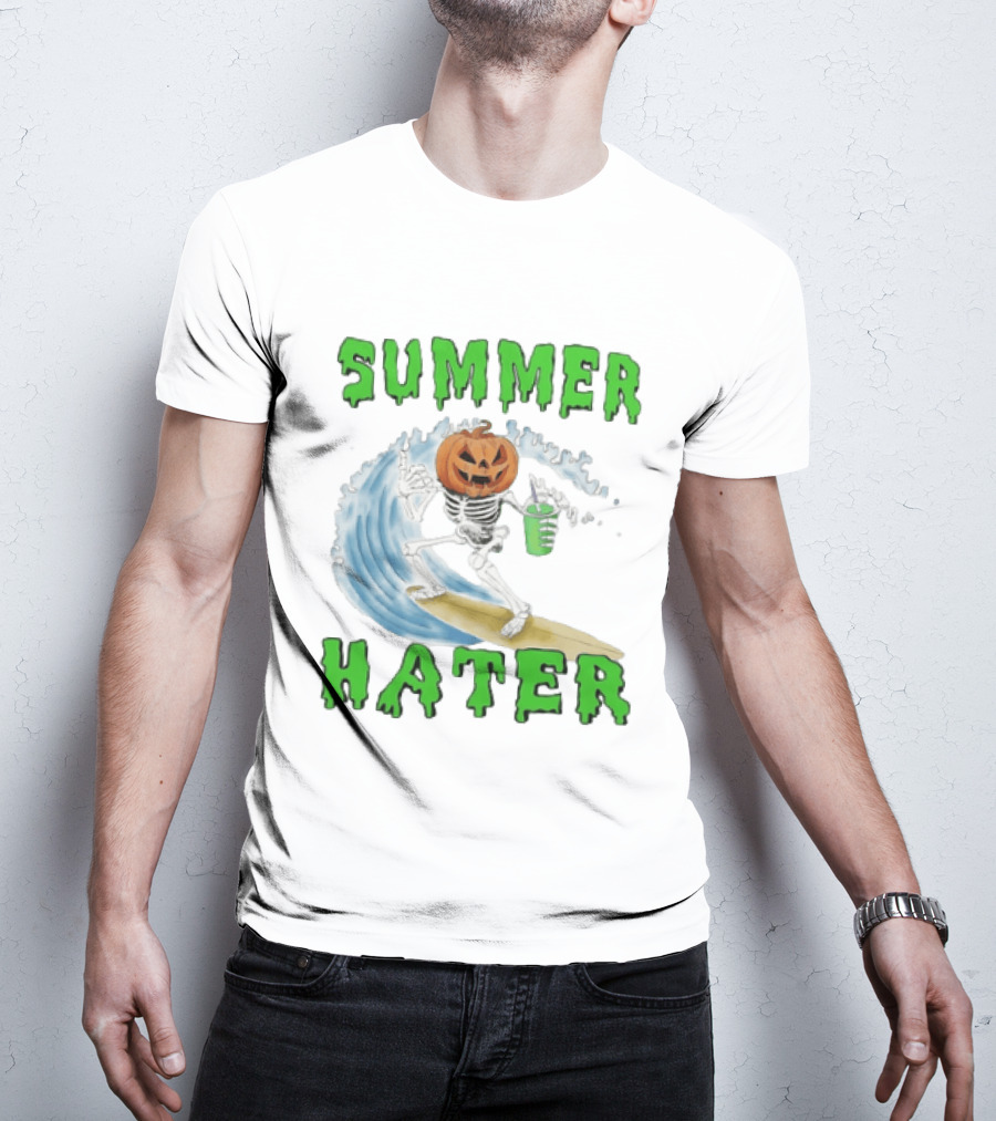 Skeleton With Pumpkin Head Surfing Wave Summer Hater T-Shirt