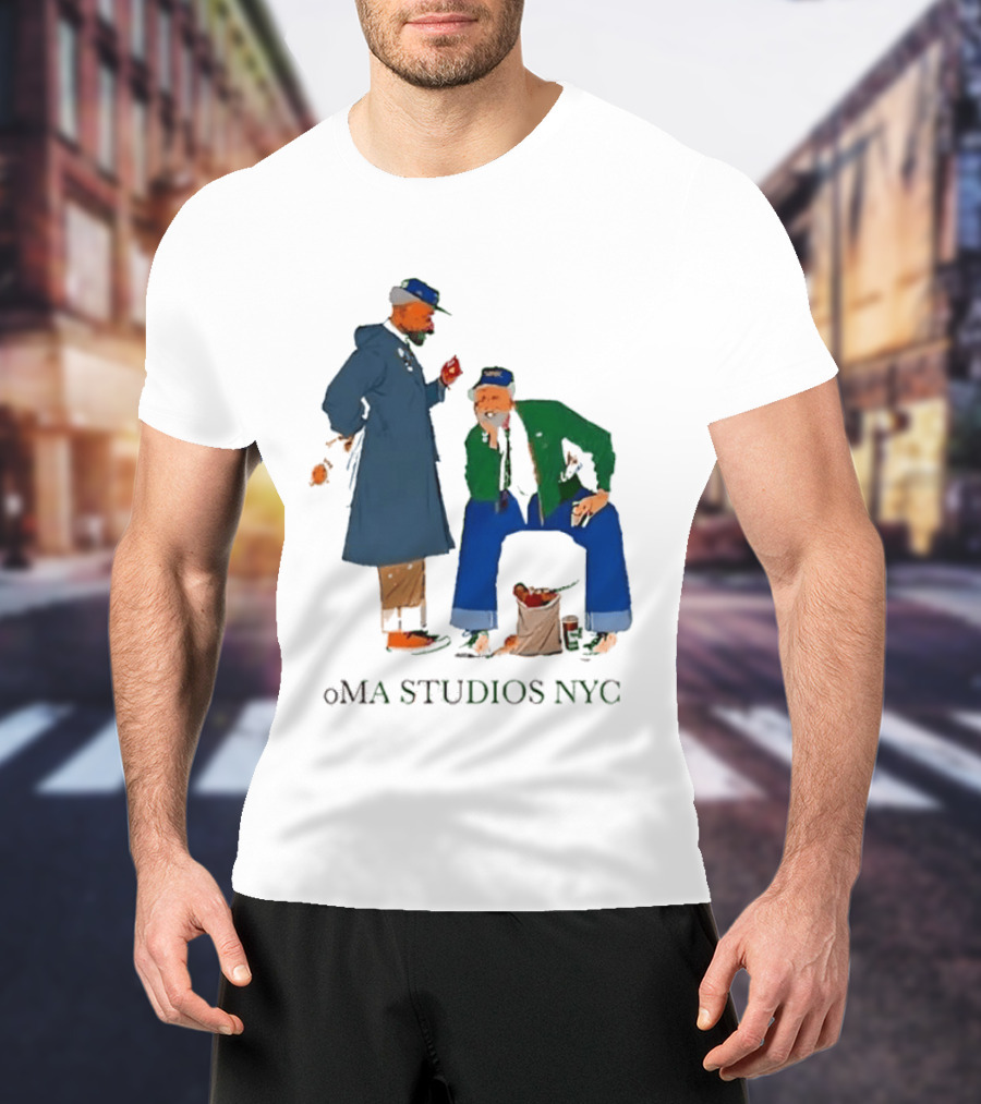 OMA Studios NYC Old Men Friends Talking Together In The Street Casual Street Scene T-Shirt