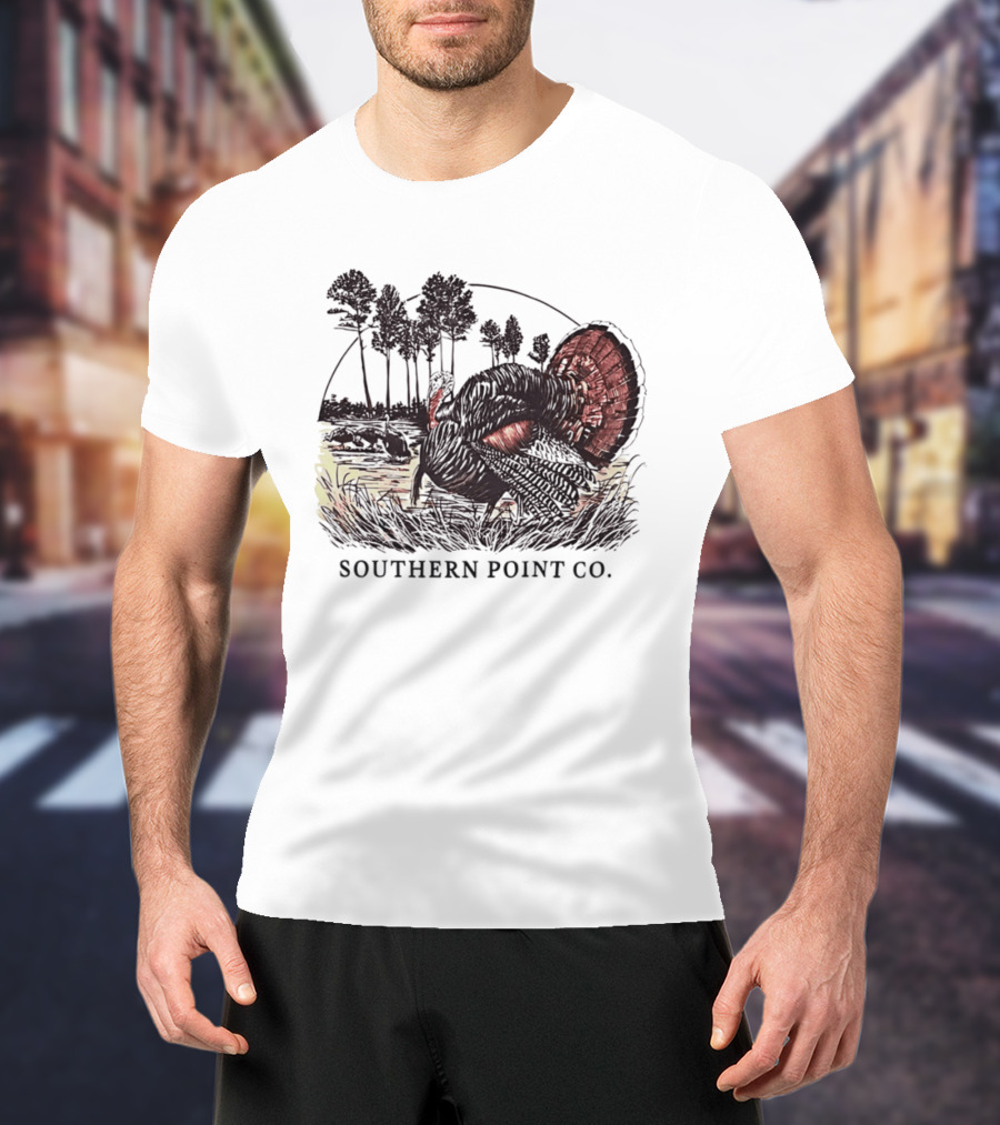 Southern Point Co. Turkey Strutting In The Field With Pine Trees And Horizon Scene T-Shirt