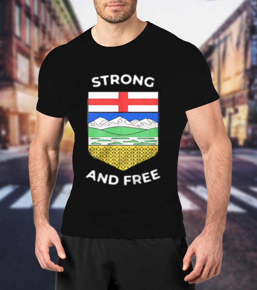 Alberta Canada Map Flag Strong And Free Crest And Wheat Sheaves T-Shirt