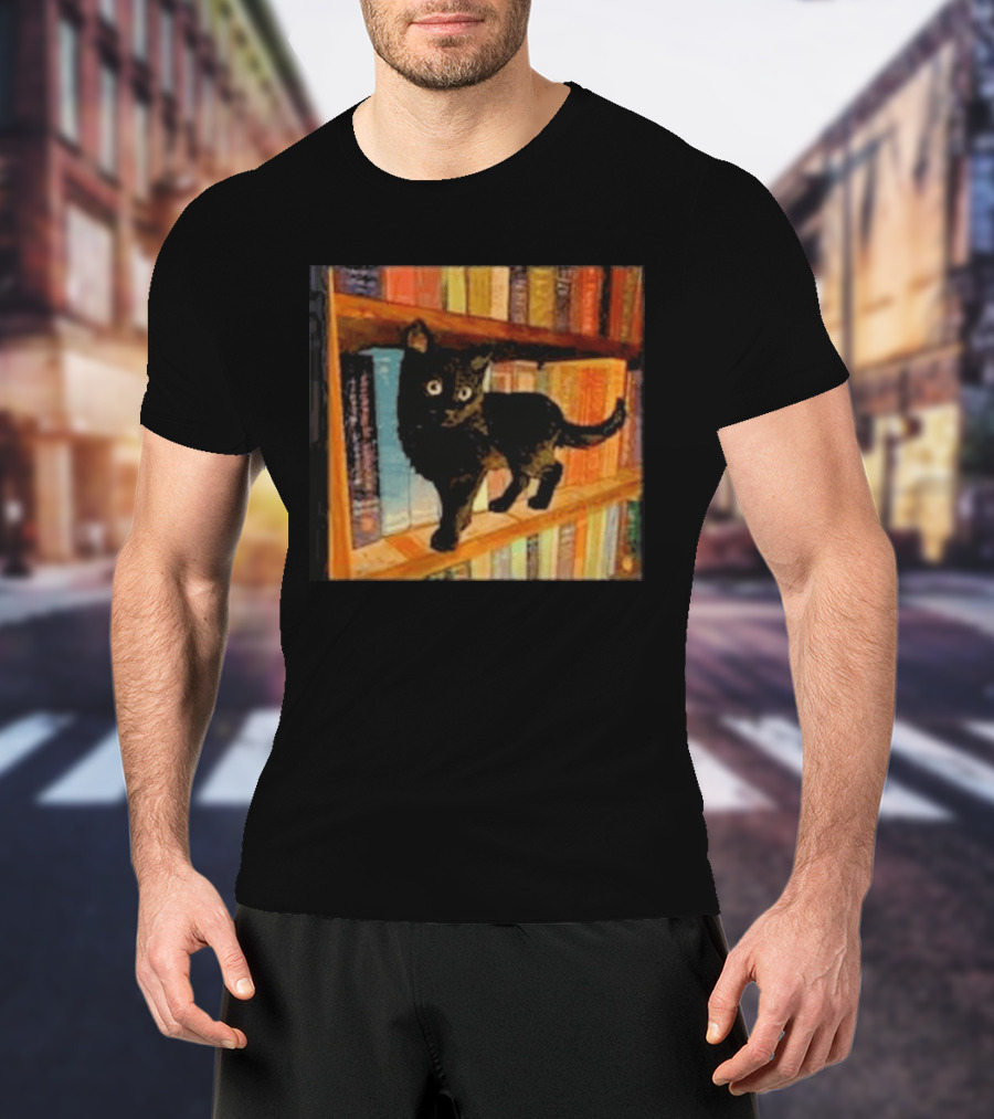 Black Cat On Bookshelf With Colorful Books T-Shirt