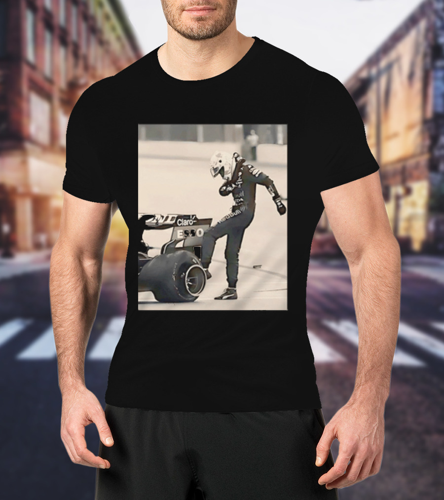Max Verstappen Kicks Racing Tire Trackside In Racing Suit T-Shirt
