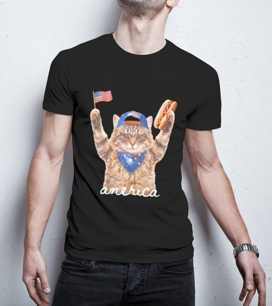 Patriotic Cat American Flag Hot Dog America Fourth Of July Celebration T-Shirt