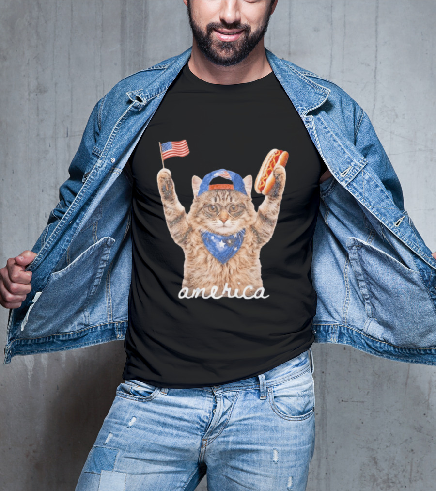 Patriotic Cat American Flag Hot Dog America Fourth Of July Celebration T-Shirt