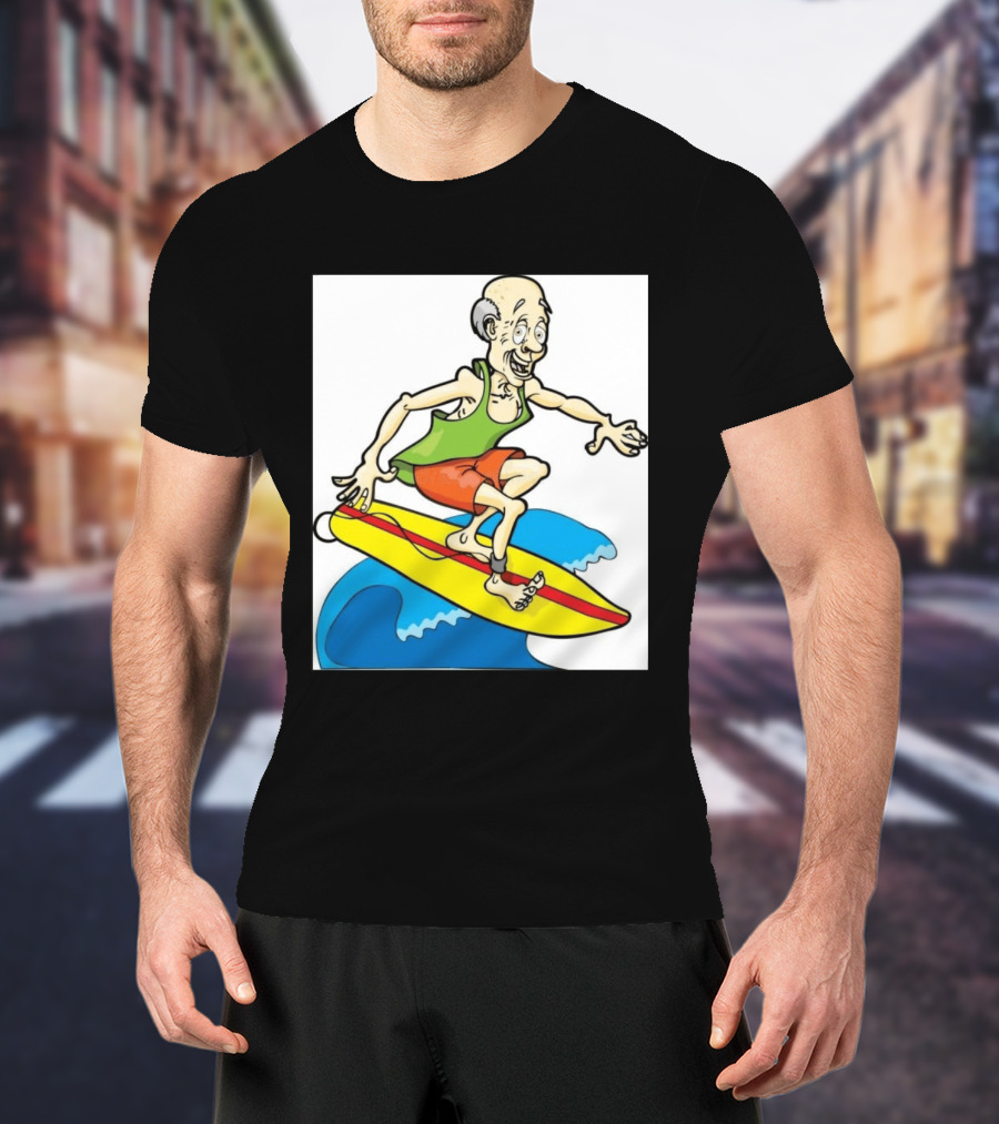 Retired Man Surfing Funny Cartoon Boomer On Yellow Board With Blue Waves T-Shirt