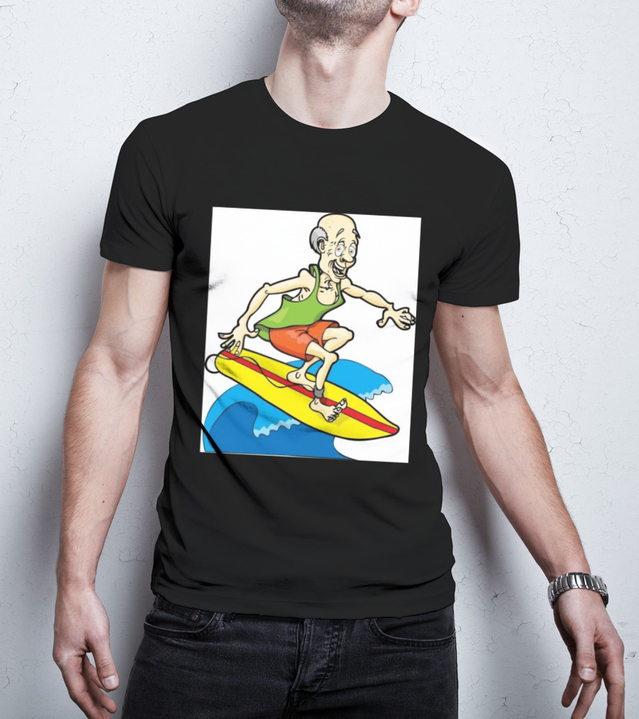 Retired Man Surfing Funny Cartoon Boomer On Yellow Board With Blue Waves T-Shirt