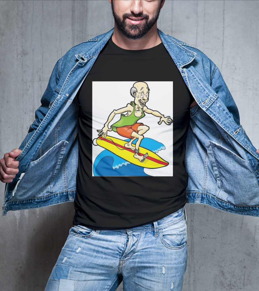 Retired Man Surfing Funny Cartoon Boomer On Yellow Board With Blue Waves T-Shirt