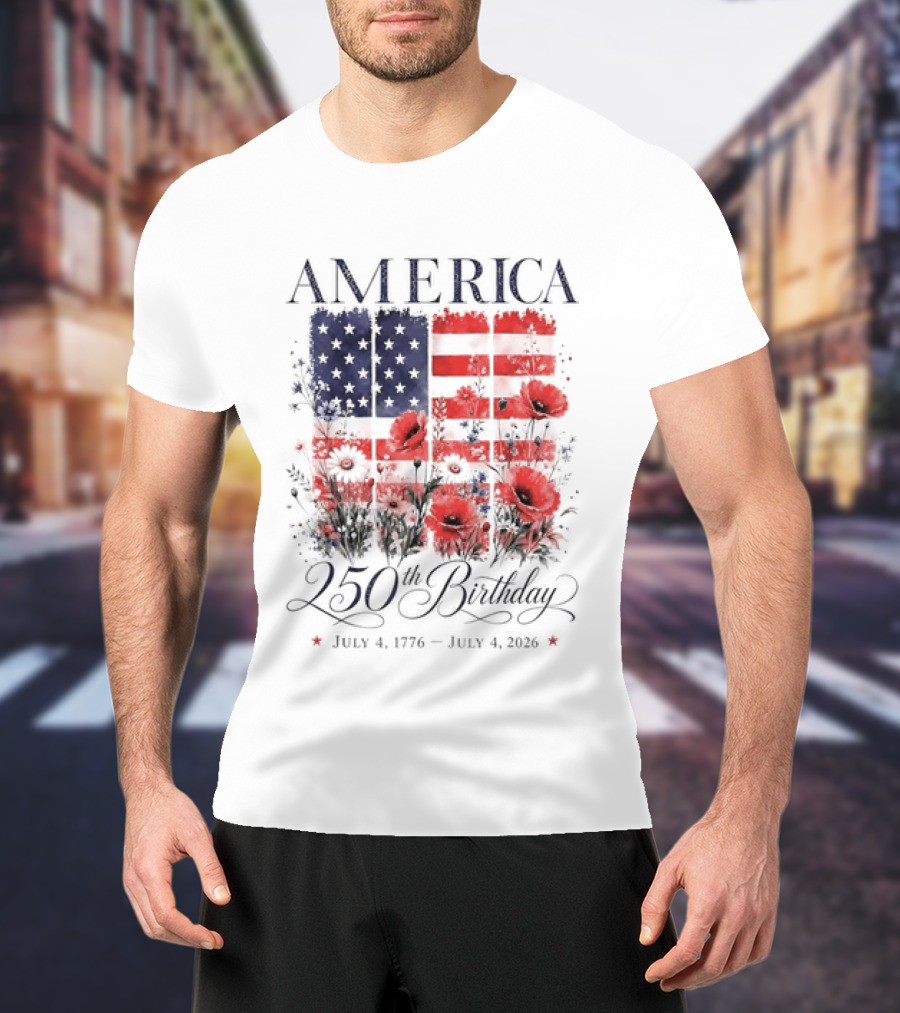 America 250th Birthday July 4 1776 2026 Floral Flag T-Shirt